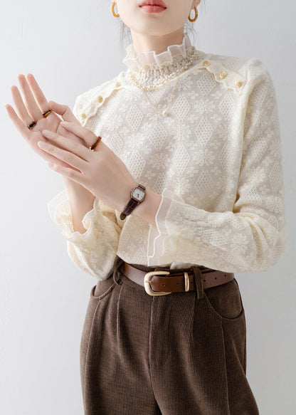 Apricot Stand Collar Jacquard Lace Shirt Top Spring