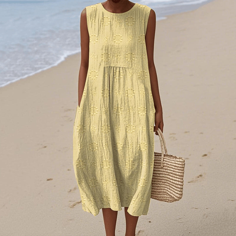 Vintage Loose Flower Art Sleeveless Cotton And Linen Tank Dress artswardrobe