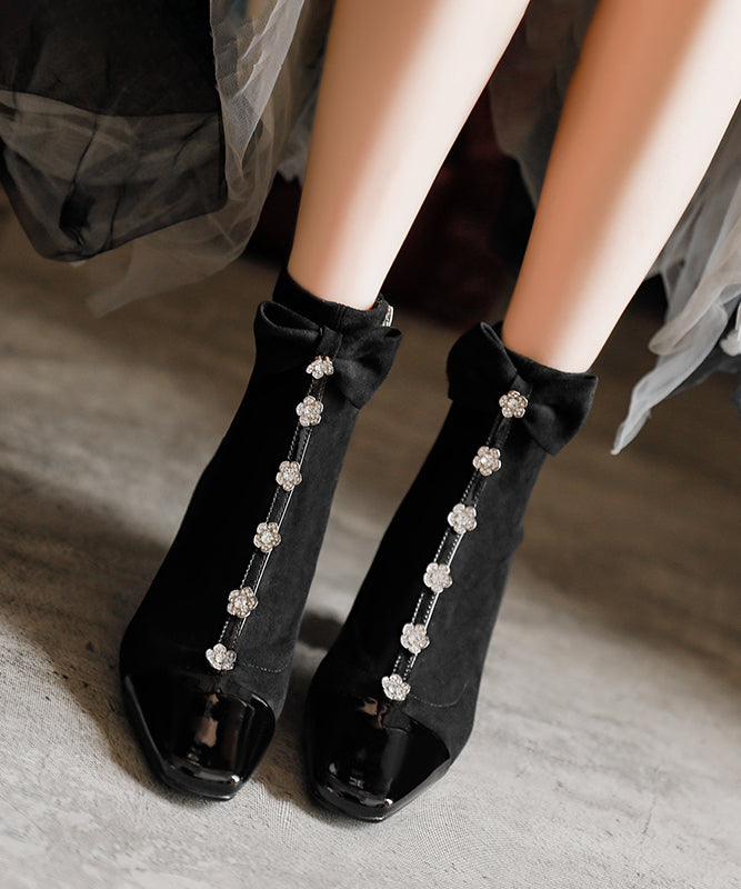 Apricot Bow Zircon Classy Splicing Chunky Boots