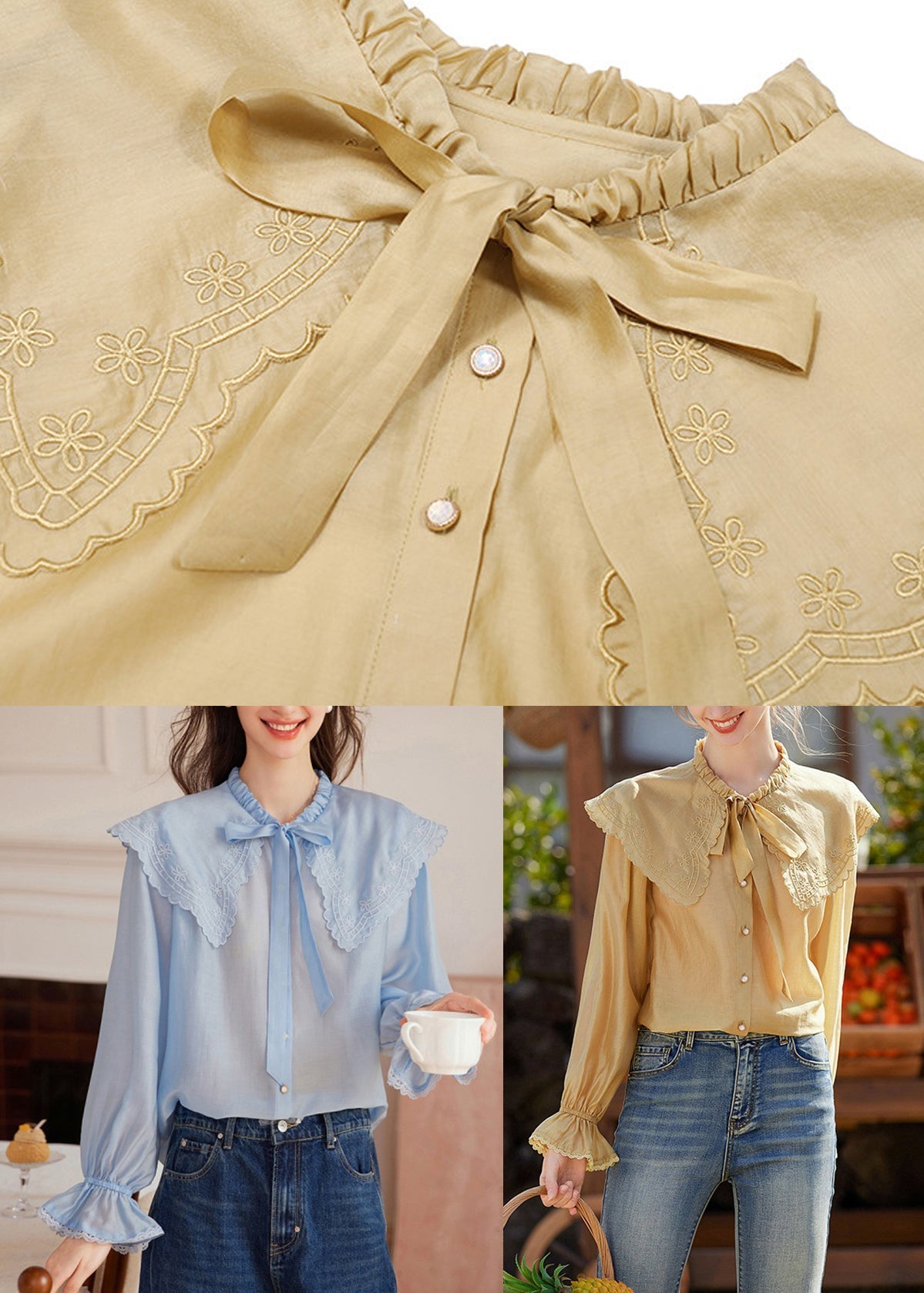 Blue Embroidered Tie Lace Tops Fall