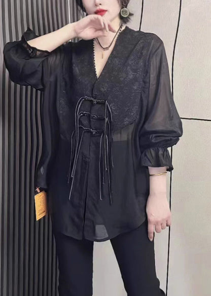 Simple Black V Neck Chiffon Shirts Fall