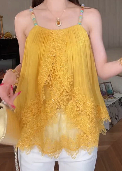 Yellow Lace Patchwork Spaghetti Strap Tops Summer