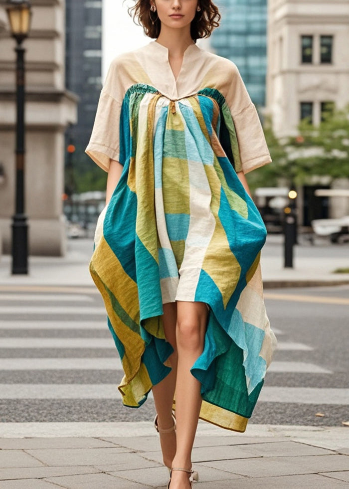 Khaki Asymmetrical Print Cotton Robe Dresses Summer