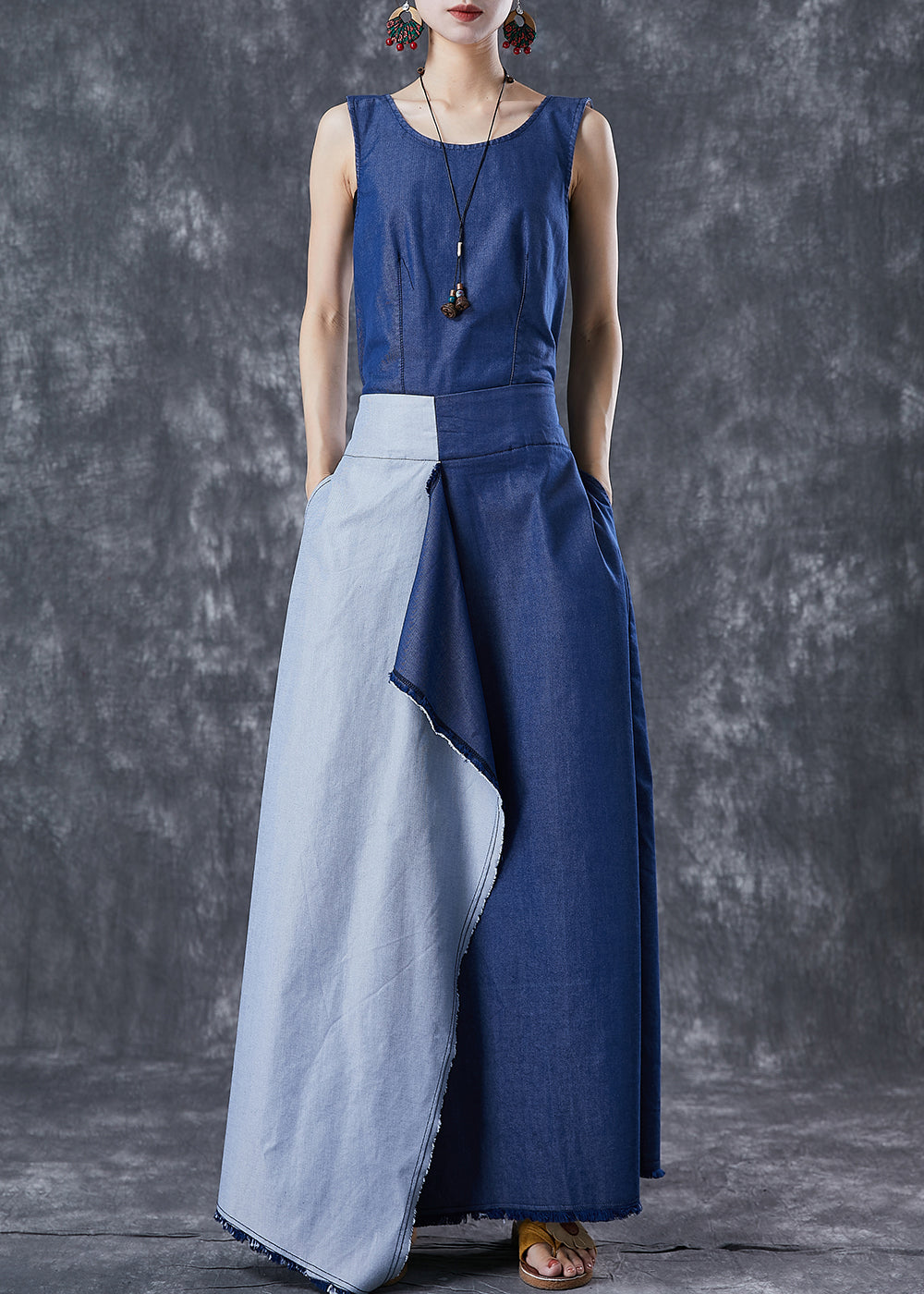 Blue Asymmetrical Patchwork Backless Denim Dress Summer