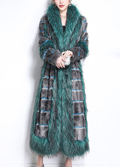 Green Fur Collar Patchwork Striped Fuzzy Fur Fluffy Coats Winter