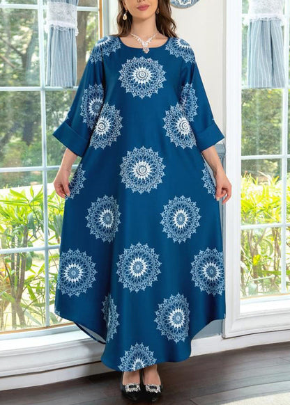 Blue O Neck Print Cotton Maxi Dresses Summer