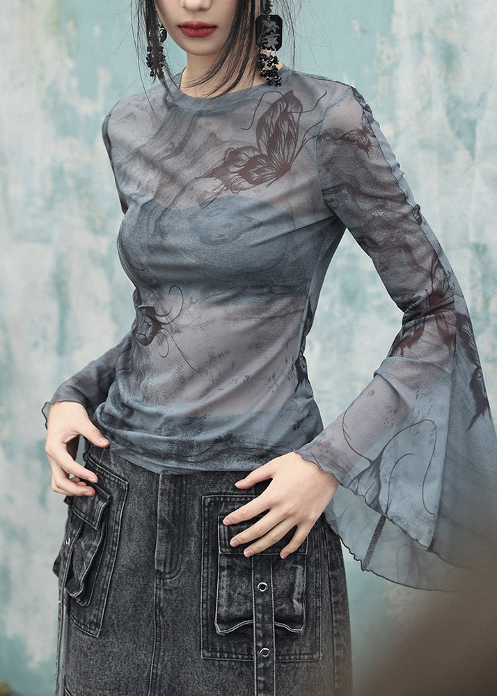 Slim Fit Grey O-neck Print Tulle Tops Flare Sleeve