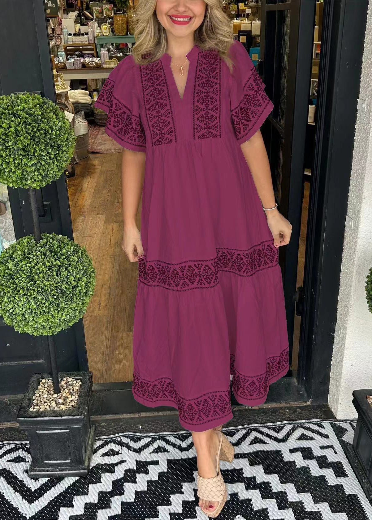 White V Neck Print Cotton Long Dresses Summer