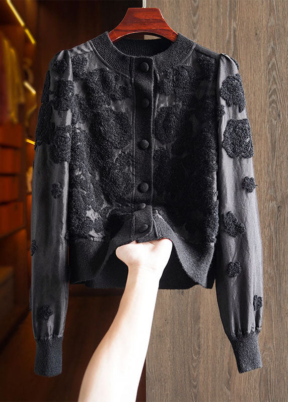 French Black O-neck Button Silk Wool Patchwork Knit Coat Long Sleeve