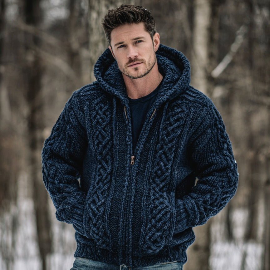 Men's Vintage Fairman Island Jacquard Thick Warm Zip Hooded Sweater Cardigan artswardrobe