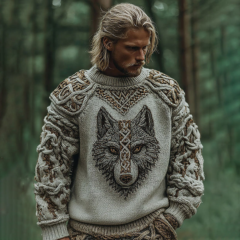 Men's Vintage Viking Wolf Pattern Knit Pullover Sweater elevenforest