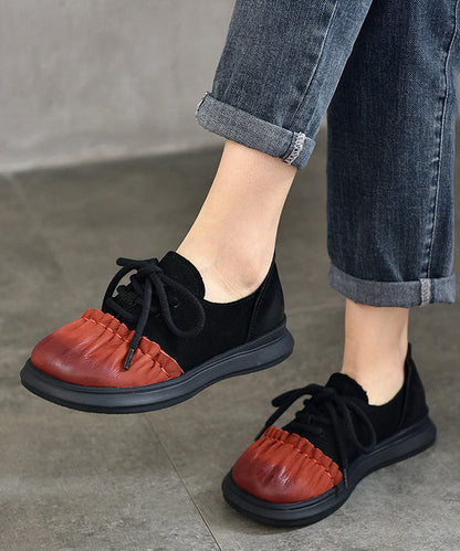 Red Cowhide Leather Wrinkle Splicing Lace Up Flats Shoes