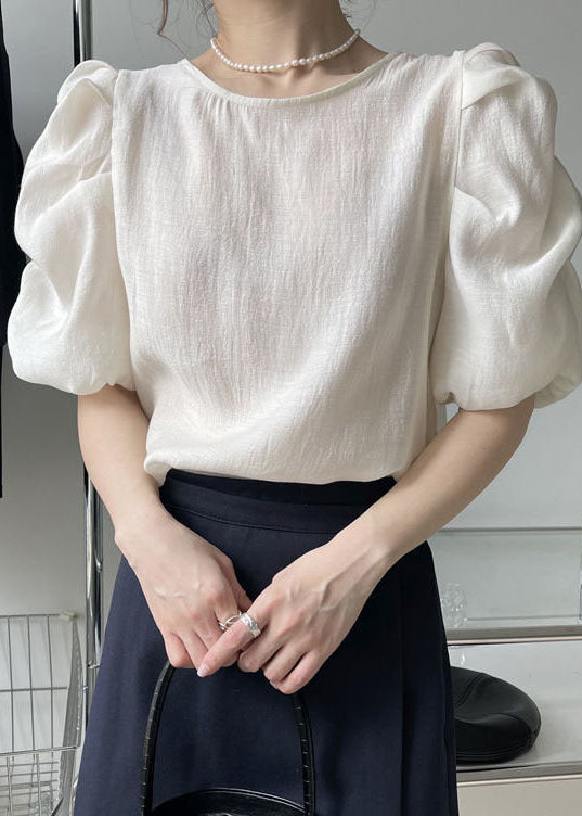 Apricot Puff Sleeve O-neck Wrinkled Color Silk Tops Fall