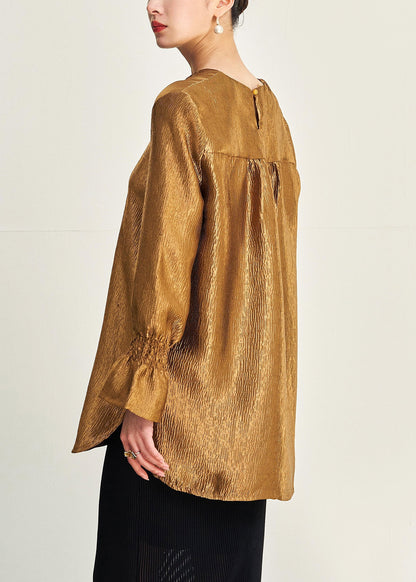 New Gold V Neck Side Open Silk Shirt Fall