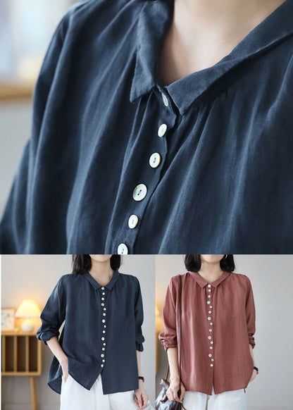 Pink Linen Blouse Top Turn-down Collar Button Long Sleeve