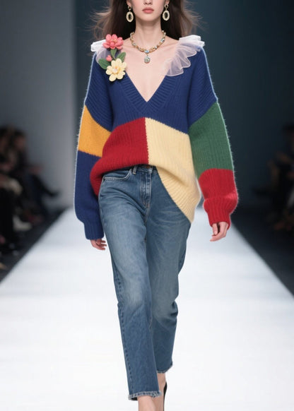 Colorblock V Neck Knit Sweaters Winter