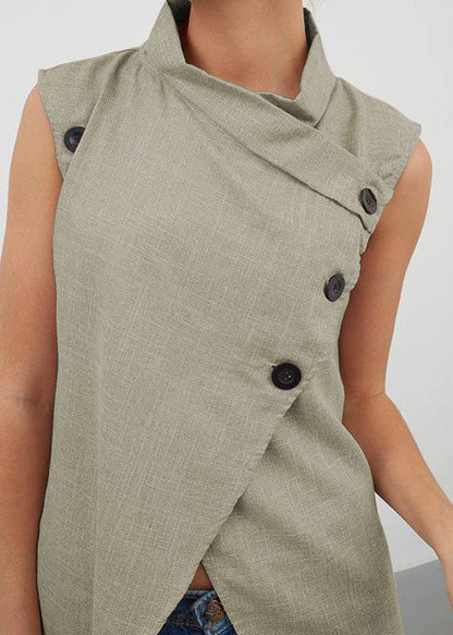 Khaki Cotton Top Asymmetrical Stand Collar Button Sleeveless