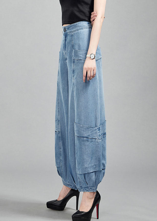 Light Blue High Waist Pockets Cotton Denim Lantern Pants Summer