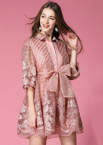 Pink Peter Pan Collar Bow Organza Day Dress Spring