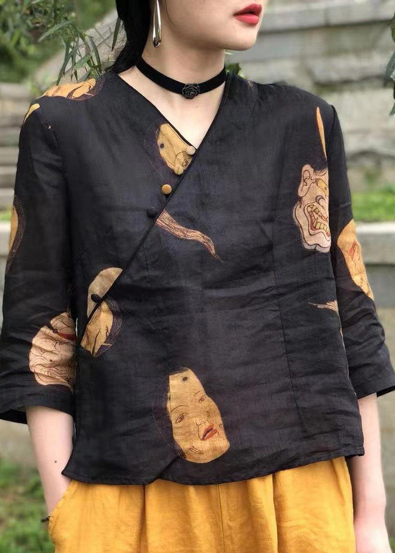 Black Button Print Linen Shirt Top Half Sleeve