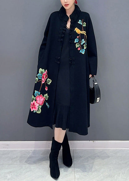 Black Button Print Patchwork Cotton Knit Coats Long Sleeve