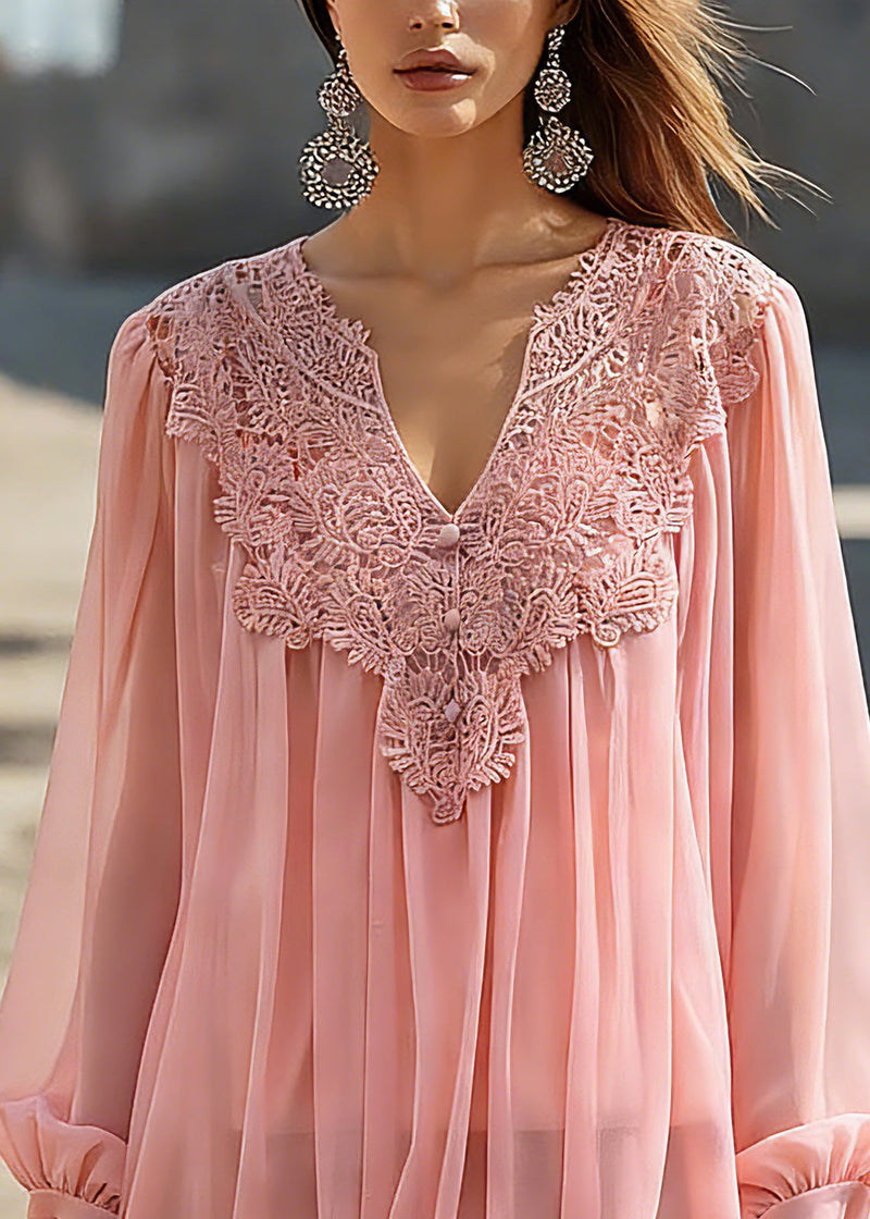 Pink V Neck Tulle Top Spring
