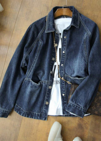 Navy Peter Pan Collar Pockets Patchwork Denim Jackets Spring