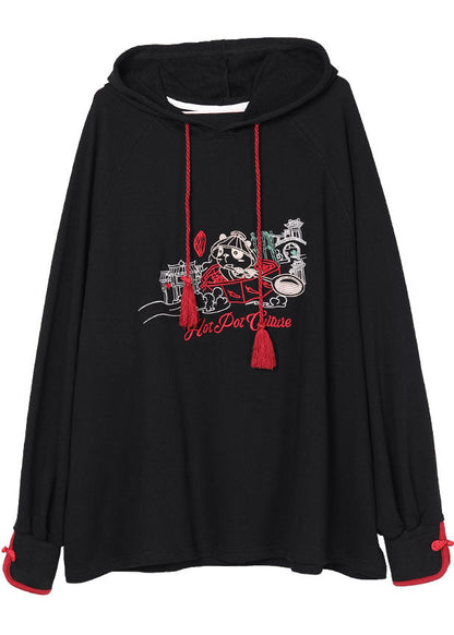 Black Hooded Embroideried Drawstring Fall Loose Sweatshirts Top