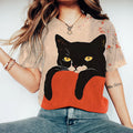 Women‘S Black Cat & Flowers Art Round Neck Casual T-Shirt elevenforest