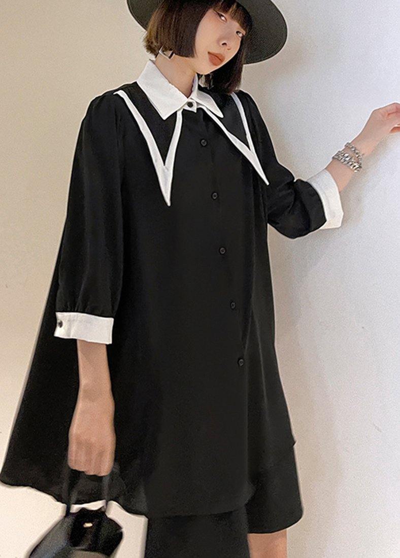 Black Patchwork Cotton Button Summer Robe Dresses