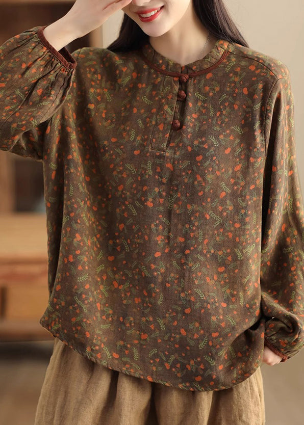 Green Patchwork Button Linen Shirts Long Sleeve