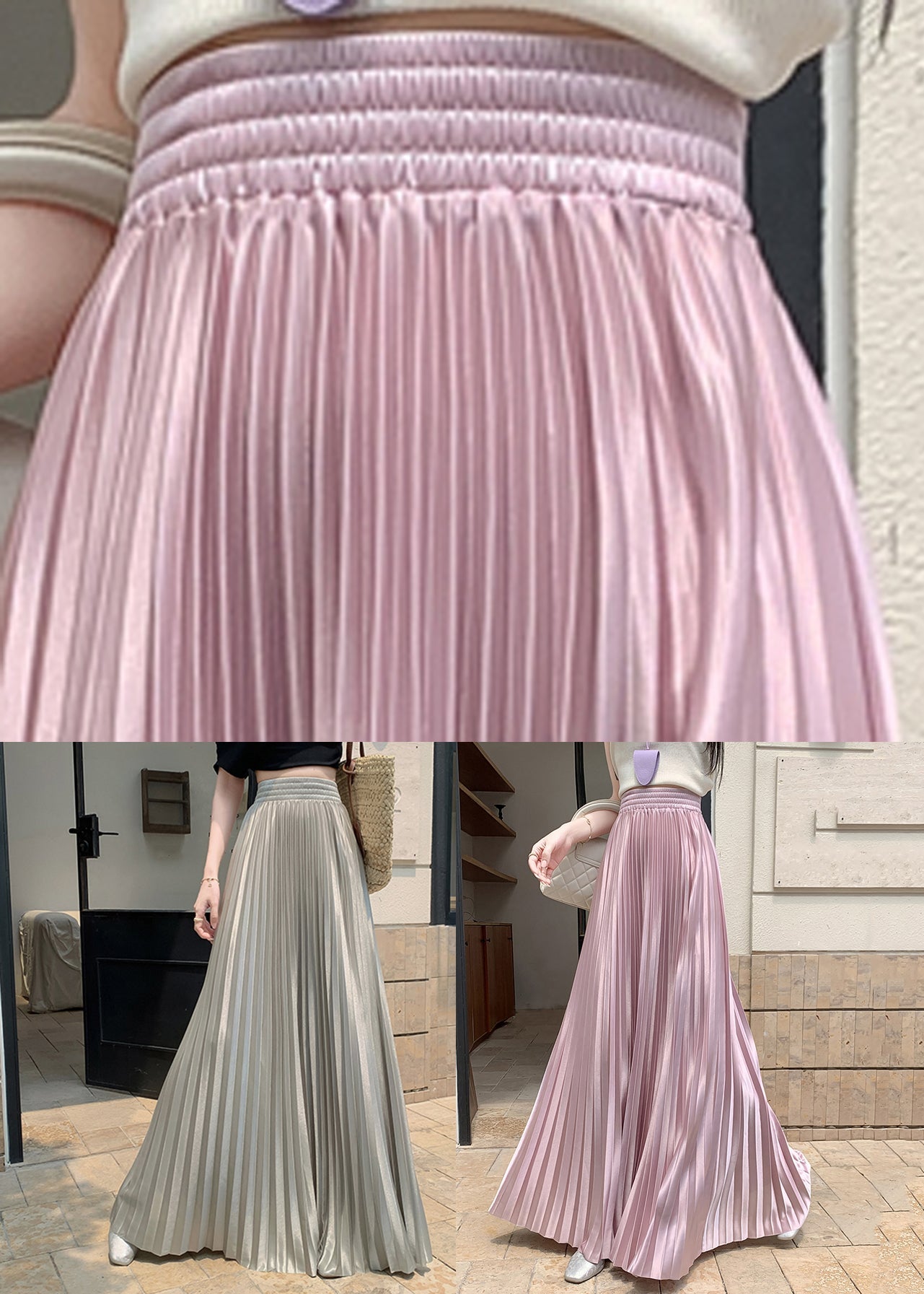 Grey Green Patchwork Silk Pleated Skirt