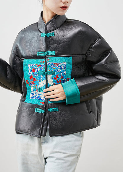 Black Embroideried Patchwork Warm Fleece Faux Leather Jackets Winter