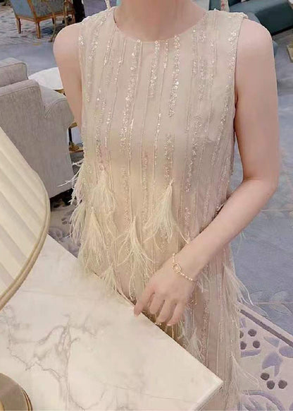 Dinner Beige O-neck Tassel Lace Maxi Dresses Summer