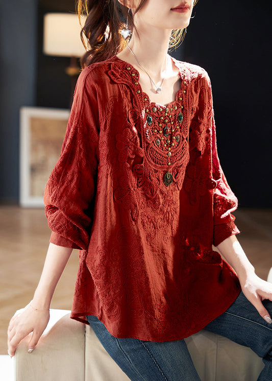 New Red Square Collar Embroidered Cotton Tops Spring