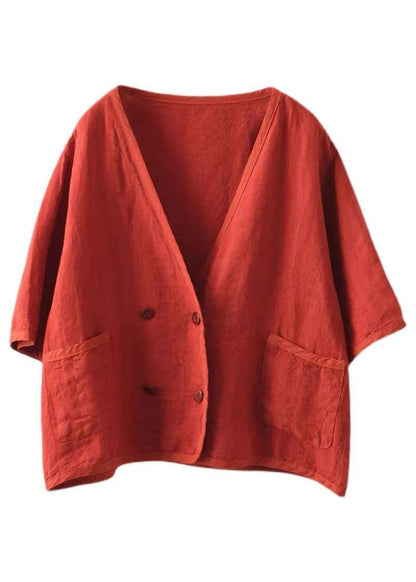 Red V Neck Double Breast Linen Cardigan Summer