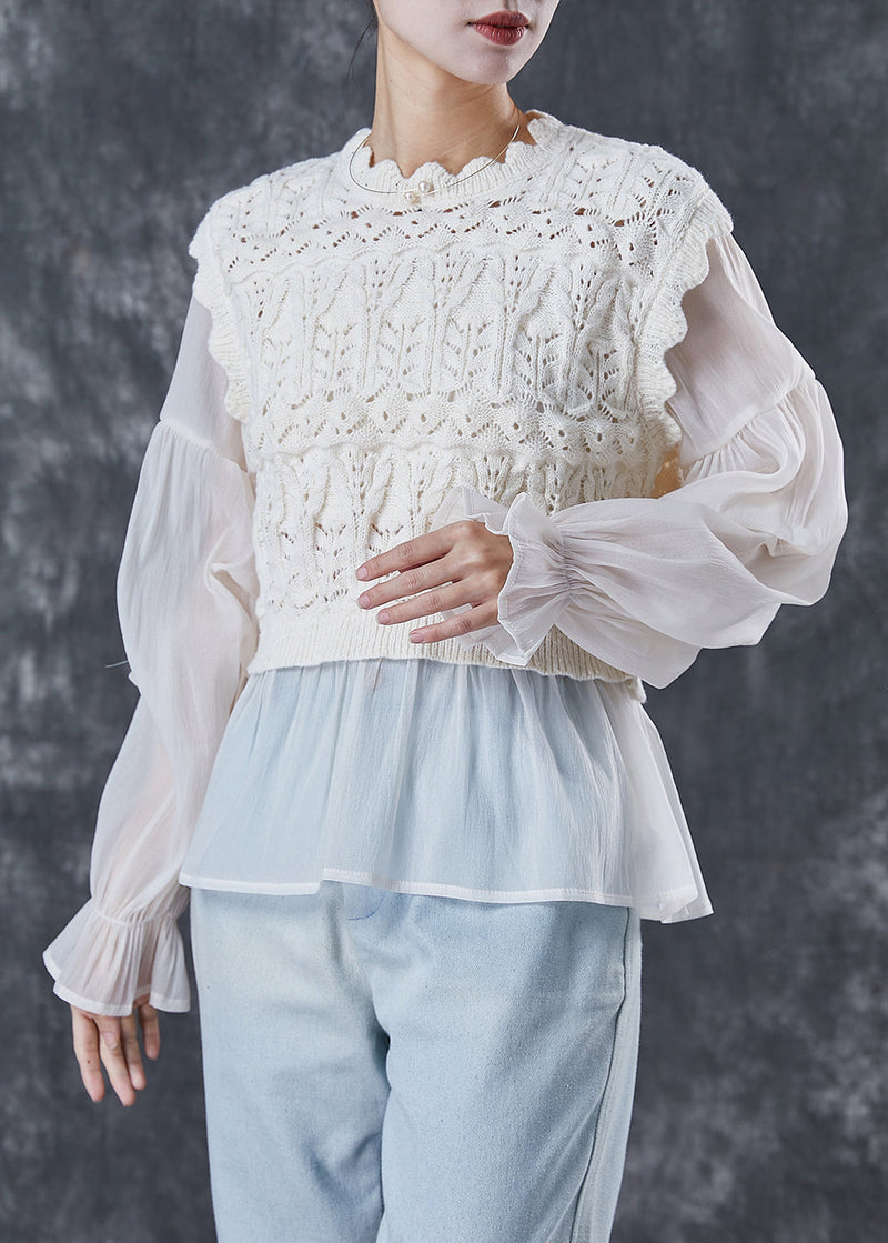 Apricot Patchwork Knit Tops Lantern Sleeve