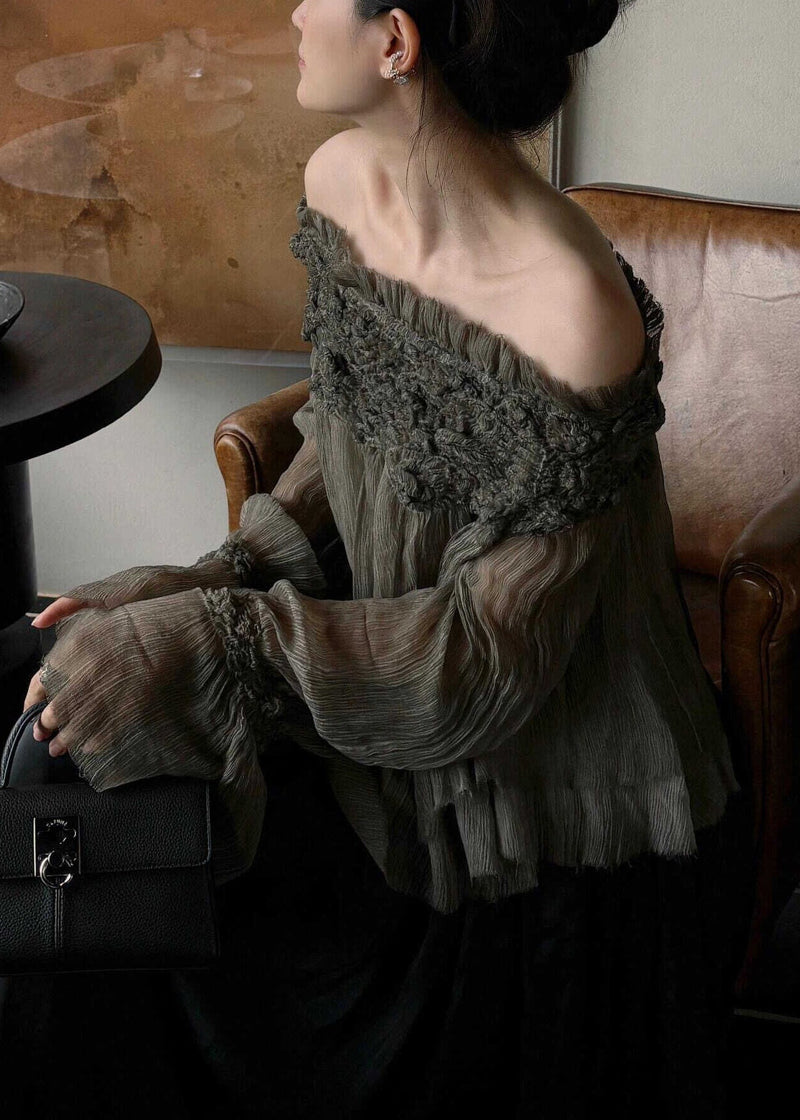 French Slash Neck Ruffled Patchwork Silk Cotton Top Spring