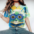 Vintage Painted Sunflower & Cat Printed Women's Washed T-shirt artswardrobe