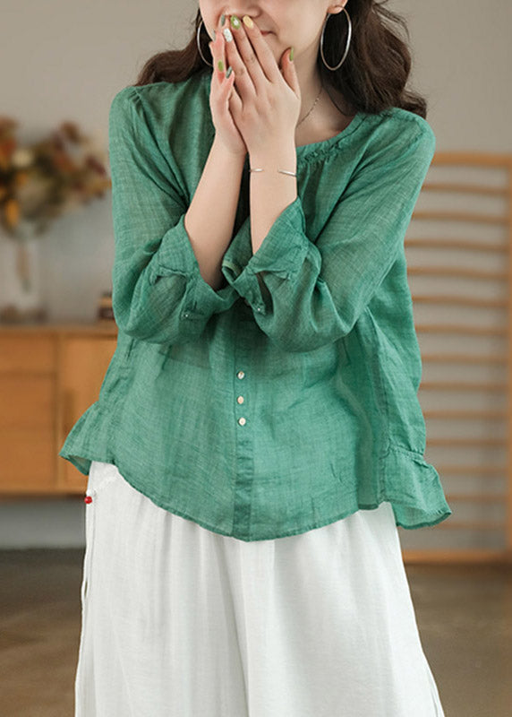 Green Patchwork Ruffles Linen Blouses Long Sleeve