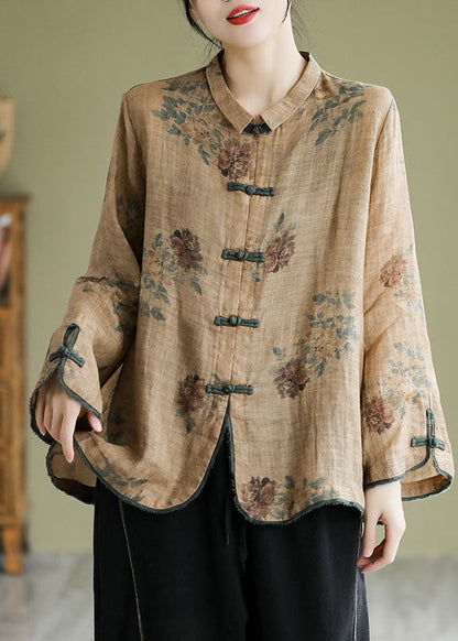 Coffee Peter Pan Collar Print Button Shirt Fall