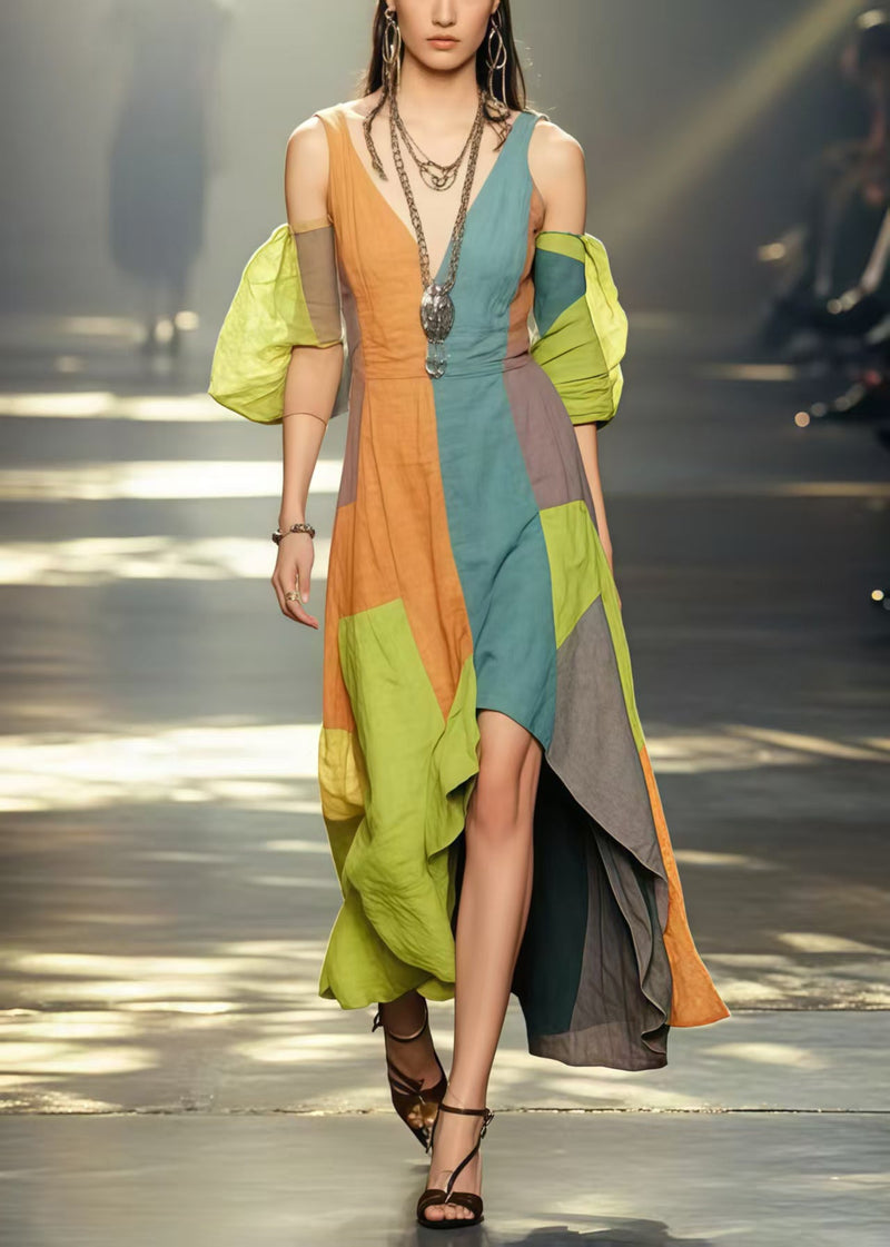 Colorblock Cotton Holiday Dress Cold Shoulder Asymmetrical Design Summer