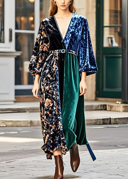 V Neck Patchwork Print Silk Velour Dress Spring