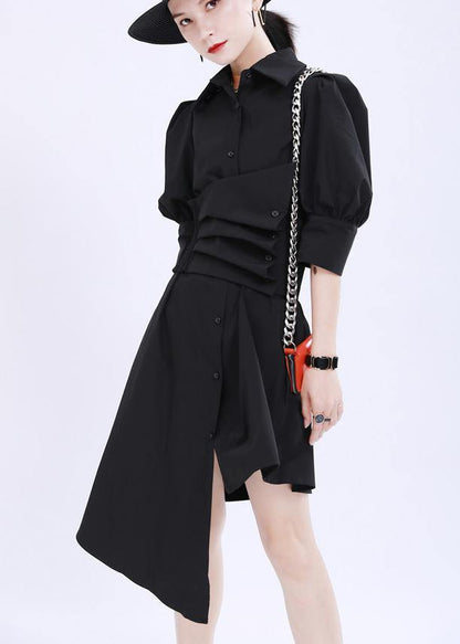 Black Tie Waist Cotton Asymmetrical Design Summer Dresses