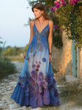 Boho Vintage Floral Embroidery Gradient Women's V-neck Spaghetti Straps Flowy Maxi Dress artswardrobe