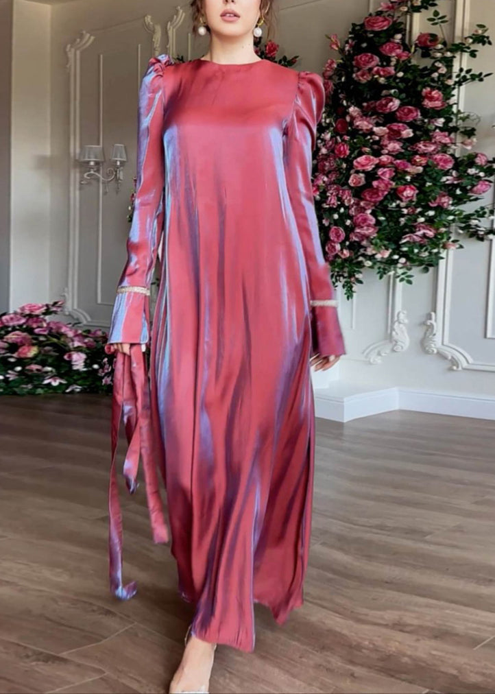 Purple O Neck Silk Maxi Dress Spring
