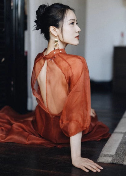 Orange Stand Collar Patchwork Tulle Maxi Dress Fall