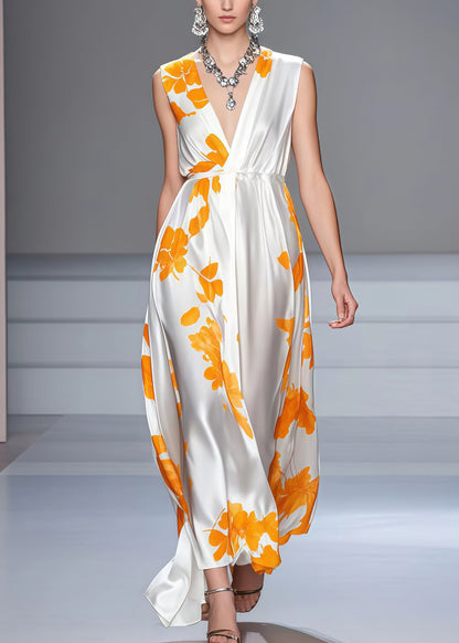 Classy White V Neck Print Silk Long Dress Sleeveless