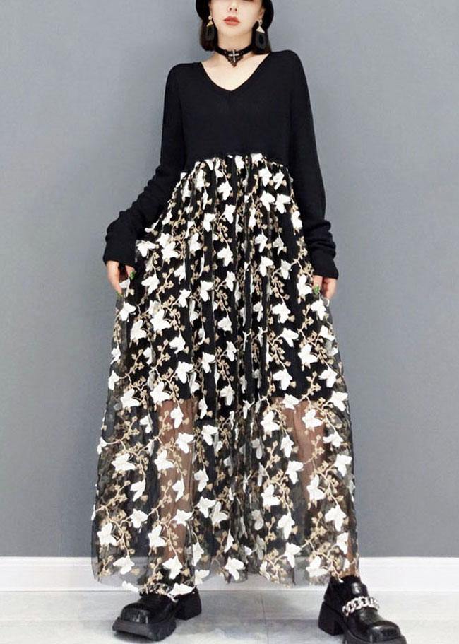Black V Neck Print Vacation Dresses Fall Long Sleeve