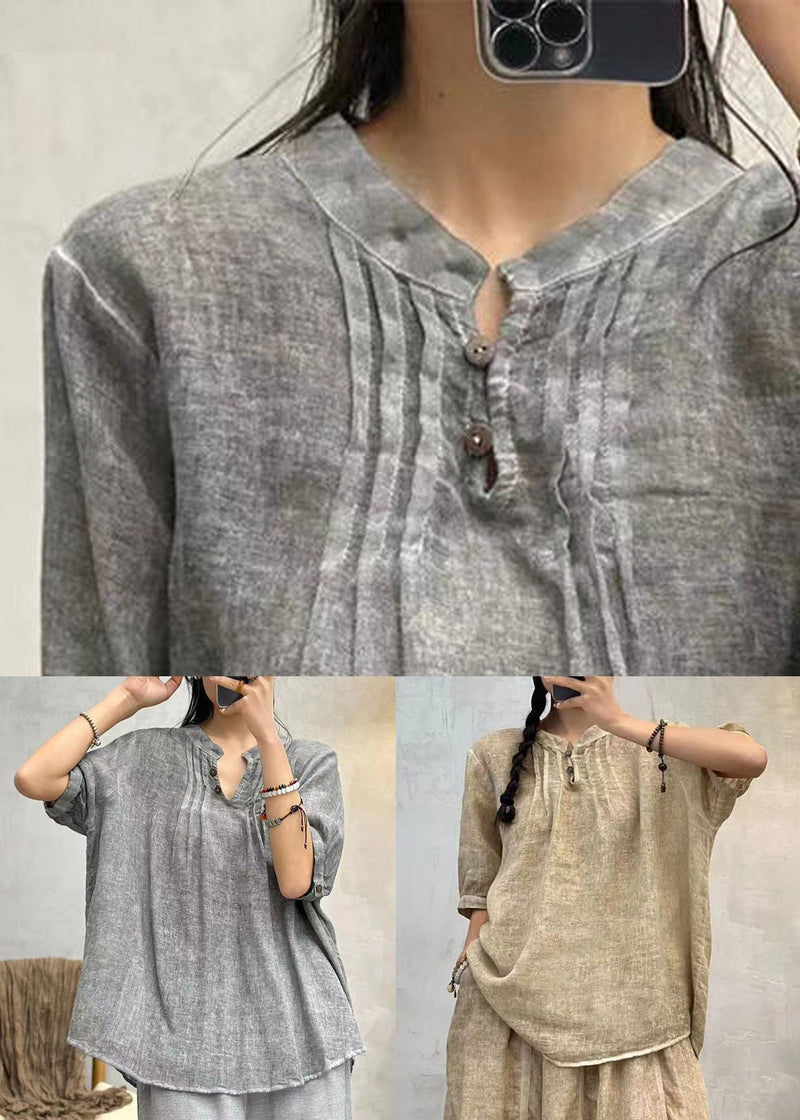 Grey Button Cotton Shirts Stand Collar Half Sleeve
